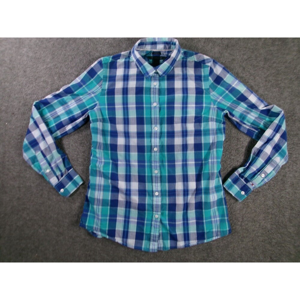 Tommy Hilfiger Top Women S Blue Plaid Button Down Classic Fit Base Layer Capsule